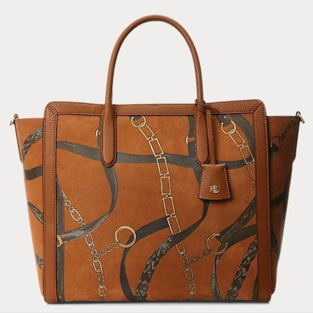 Ralph Lauren Brown Chain Print Suede Large Tyler Tote Hand Bag
